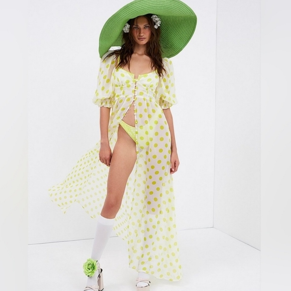 XS FOR LOVE AND LEMONS Megan Maxi Cover Up Dress Yellow/green Polka Dot w/button